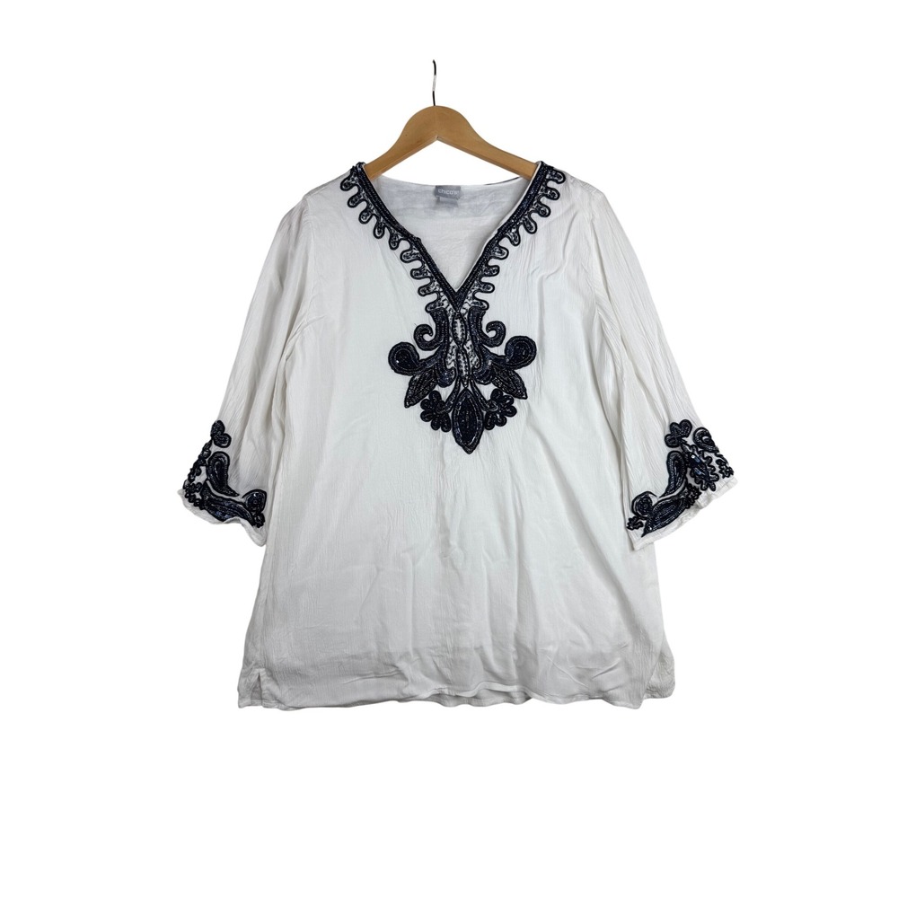 Chico's‎ Beaded/Sequin Detail Gauzy 3/4 Sleeve Tunic size 1P (8/10 Petite) White